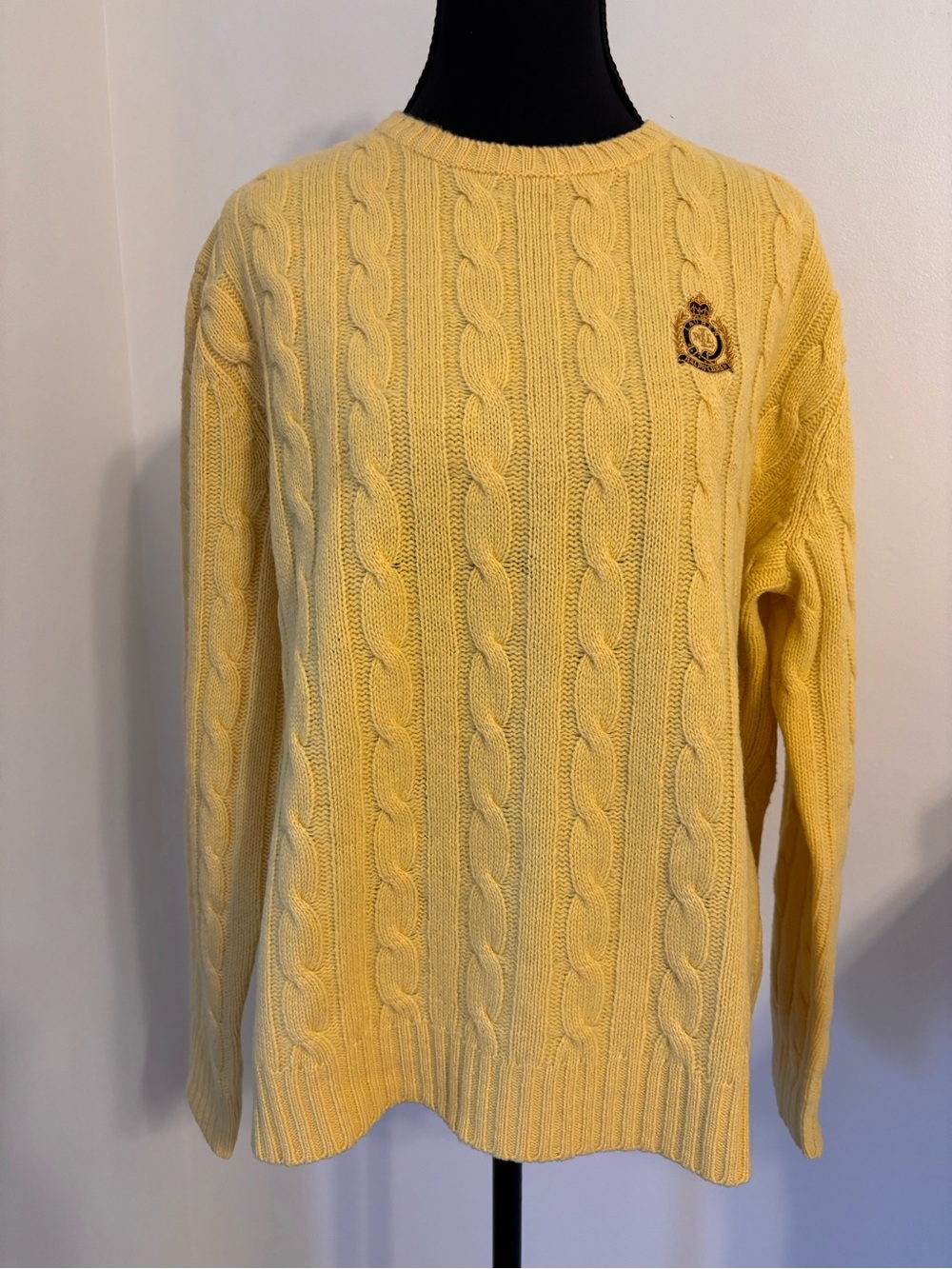 Lauren Ralph Lauren women’s XL 100% Lambswool Yellow Cable Knit Sweater Crewneck